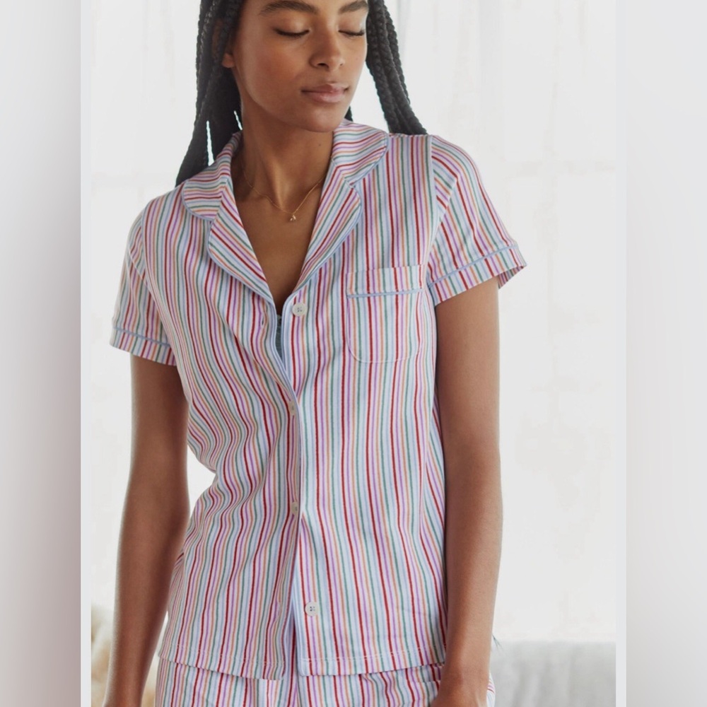 Striped Multicolor Short-Sleeve Button-Up Top